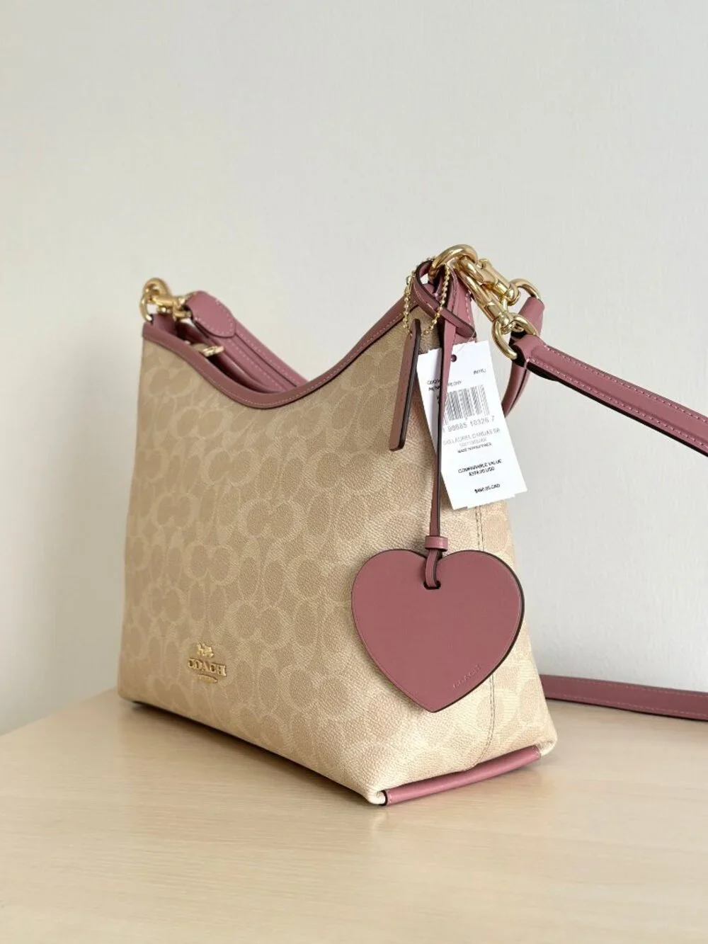 COACH Laurel Canvas Cream Pink Leather Shoulder Bag